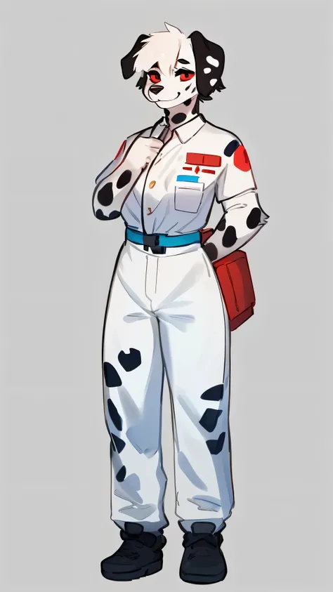 by bebebebebe, by lostgoose, by goonie-san, solo, female, (dalmation), snout, smirking, sassy, detailed eyes, standing, floppy ears, red eyes, tight medic outfit, pants