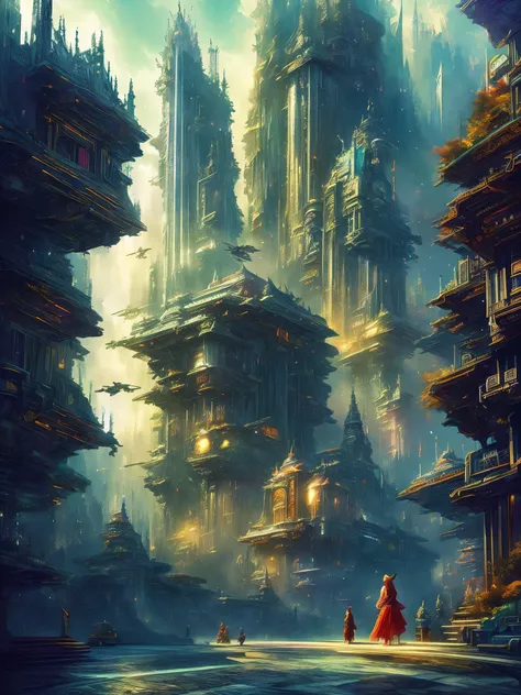 high quality, highly detailed, Picture an imaginative illustration inspired by the fusion of Gustav Doré, Yuko Higuchi, and Syd Mead, theme revolve around a fantastical cityscape where mythical creatures coexist with futuristic elements, creating a harmoni...