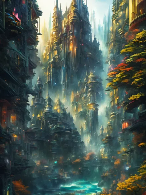 high quality, highly detailed, Picture an imaginative illustration inspired by the fusion of Gustav Doré, Yuko Higuchi, and Syd Mead, theme revolve around a fantastical cityscape where mythical creatures coexist with futuristic elements, creating a harmoni...