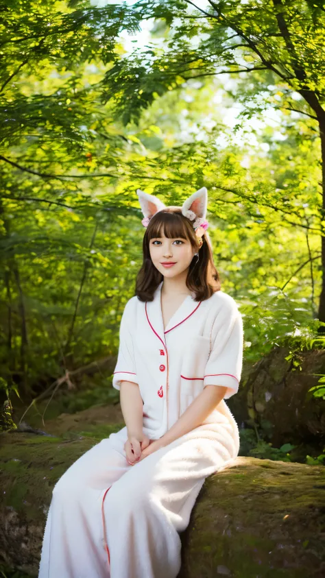 Professional high-quality photos, In 4K resolution, It realistically captures in detail an attractive girl in fluffy white pajamas with ears and foxtails. She sits in the middle of an enchanted forest, Where all elements are perfectly drawn. Pajama texture...