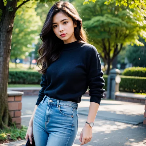 young brunette hispanic woman with wavy hair, happy, red lips, view from the side, standing up straight, small mouth closed, medium-small boobs, brown eyes, realistic photo, in park, high, pov, looking down, wearing long sleeve top, tight jeans