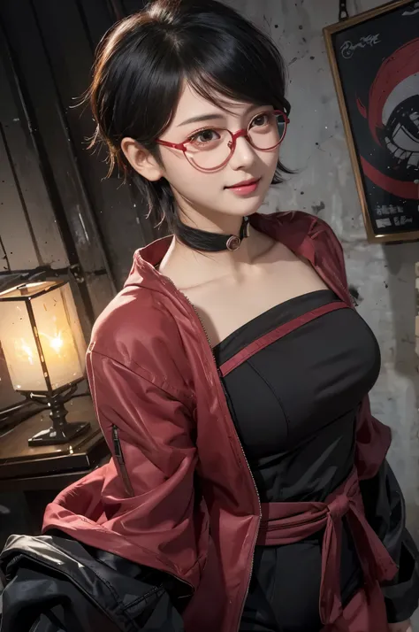 4K delicate facial features, 18 year old girl, Uchiha Sarada, anime character transformed into a realistic character, with detailed, beautiful and cute face, red filtered eyes, black hair, short hairstyle, bangs sweeping to the left, wearing a ninja head t...