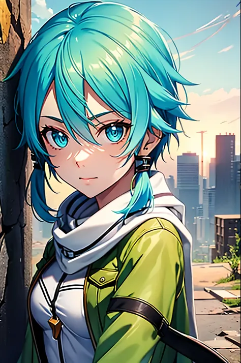 (face portrait:1.2), (masterpiece), best quality, expressive eyes, perfect face, highres, sinon1, scarf, fingerless gloves, long sleeves, short shorts, hair ornament, hairclip, green jacket,field, ruins background, ruined structures, standing, looking at t...