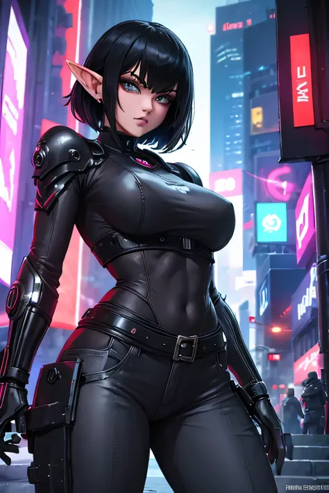 elf, black lipstick, short hair, sexual, fat ass, Cloth, One, cyberpunk, cyberpunk style, cyberpunk city, night city, Weapon,Catania, jeans, modern Cloth, mercenary girl, A gun, cyberpunk armor, augmentations, cyberpunk augmentations, Heavy armor, cyberpun...