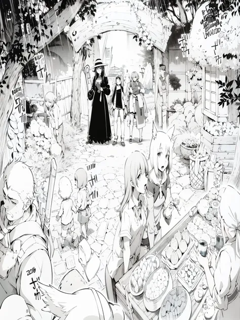 Anime characters are gathered around a table with food and drinks, castle scene manga, black and white manga page, black and white branch panel, black and white manga style, isekai branch panel, black and white manga, Anime Party do Amigo da Sabedoria, bra...