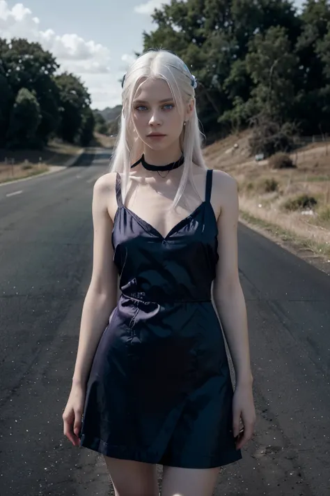 A girl with straight white hair and very large blue eyes, an albino girl, in a dark burgundy silk dress stands on a deserted road. Black and white photo, but blue eyes and maroon dress, gray shades. Cinematic frame, Hasselblad X2D, Vogue editorial, super d...