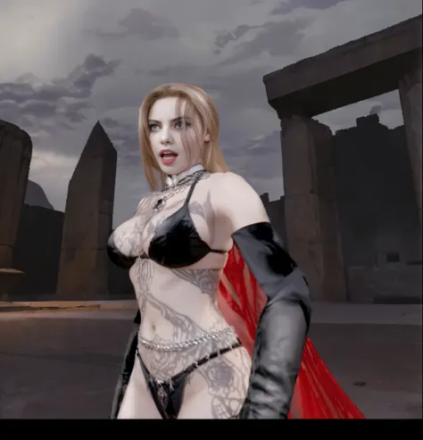 Alafid woman in costume standing in front of stone structure, female vampire, Shadow Clan Vampire, busty witch,  性感迷人的female vampire, black bikini。black gloves，Heavy makeup，Big breasts。intense expression。There is a waist chain