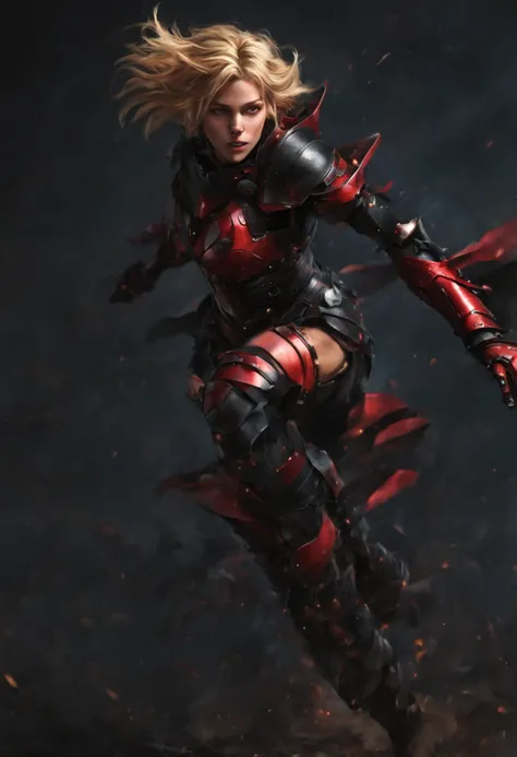 (Blonde warrior in armor),((masterpiece, top quality, best quality, official art, beautiful and aesthetic:1.2)), extreme detailed, colorful, highest detailed darker black-charcoal to red and black color palette, masterpiece, (best quality:1.2), [:intricate...