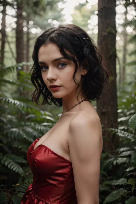 Gothic girl about 20 with black short curly hair, with big blue eyes, in a red dress, in the middle of the forest. The photo is black and white, but in color the girl has big blue eyes, red lips and a red dress, gray shades.Cinematic Still, Hasselblad X2D,...