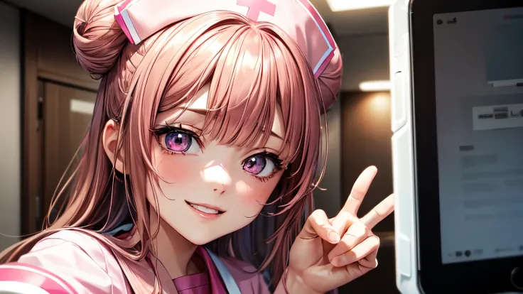 （8K, best quality, muste piece:1.2)、ultra high resolution、20 year old female,ultra-detailed face,detailed eyes,(pink nurse uniform,Pink nurse cap),brown hair,blunt bangs,Twin bun hair,cinema lighting,detailed hand fingers,solo,selfie,Meek smile,hospital ro...