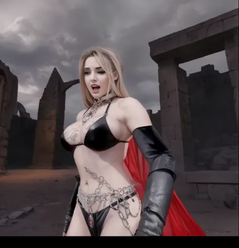 Alafid woman in costume standing in front of stone structure, 女魅魔vampire, vampire, busty witch,  性感迷人的女vampire, black bikini。Black leather arm cuffs，Heavy makeup，Big breasts。intense expression。Metal sexy waist chain，open arms