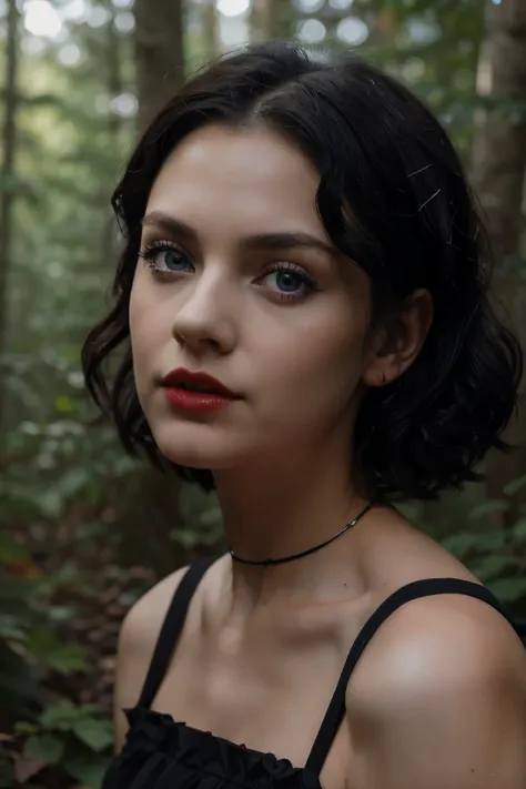 Gothic girl about 20 with black short curly hair, with big blue eyes, in a red dress, in the middle of the forest. The photo is black and white, but in color the girl has big blue eyes, red lips and a red dress, gray shades.Cinematic Still, Hasselblad X2D,...