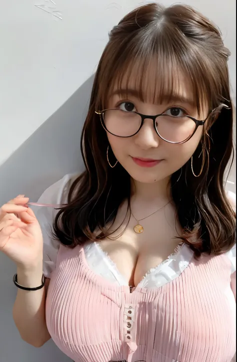 ​masterpiece, Better Quality, hight resolution, 1 girl,fringe, Curly hair, eye glasses,Camisole,pink color clothes,lightly dressed,Chest emphasis、In the street,Diameter chest, very big breast, happily face, sweat drop,(huge-breasted:1.2),Waki,Highly expose...