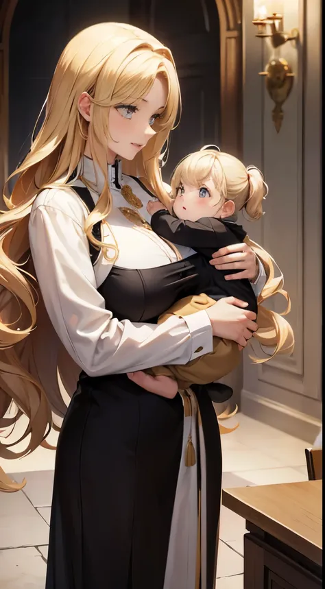 A mother holding her baby. The mother has large breasts and blonde hair as well as golden eyes. The baby has white brown hair.