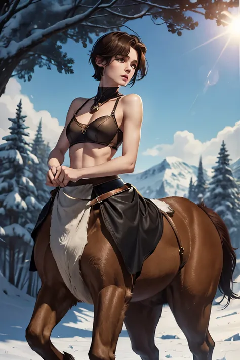 A young androgynous female centaur. Fantasy setting. Very short hair. Short manly haircut. Dark-brown hair with a undercut. Very pale skin with freckles and liverspots. Round soft face. Round soft chin. Round soft cheeks. Curved lips. Long wide nose. Dark ...