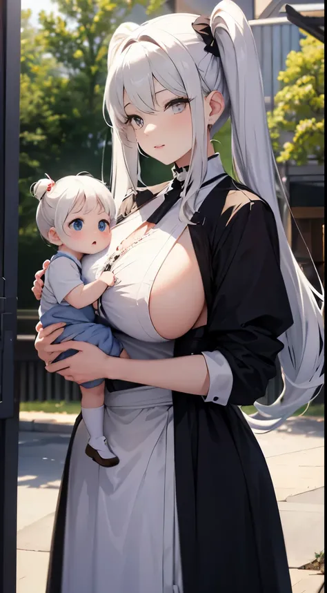 A mother holding her baby. The mother has large breasts and white hair in a twintail as well as white eyes. 