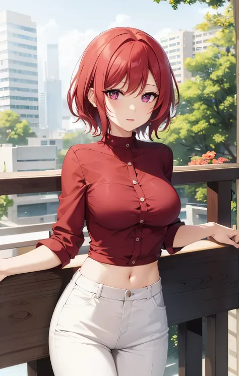 nishikino maki, purple eyes,((short red hair)), blouse, white pants, (midriff:0.8)balcony,(lips:0.7), llchar