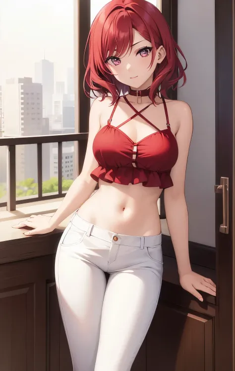 nishikino maki, purple eyes,((short red hair)), blouse, white pants, (midriff:0.8)balcony,(lips:0.7), llchar