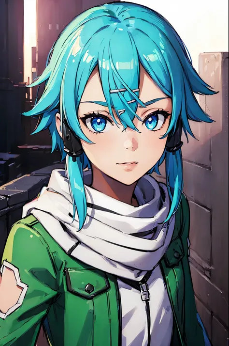 (face portrait:2), (masterpiece), best quality, expressive eyes, perfect face, highres, sinon1, scarf, fingerless gloves, long sleeves, short shorts, hair ornament, hairclip, green jacket,field, ruins background, ruined structures, standing, looking at the...