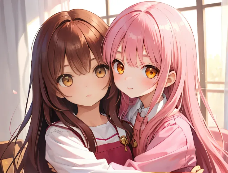 2smallgirls，Girl1：adolable，pink color hair，long pink hair, golden eyes, girl 2：brown color hair，long brown hair， hugs，golden eyes