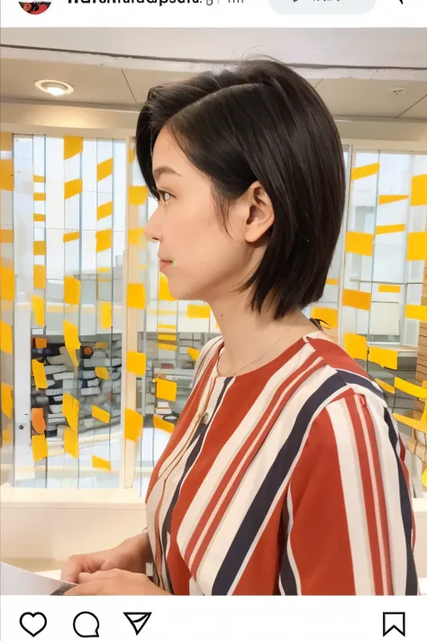 Close-up of a woman wearing a striped shirt looking at a computer screen, with short hair, ~ side profile portrait, profile pose, ( ~ side ) profile, profile portrait, posed in profile, profile posing, jackie tsai style, in profile, candid portrait, shot w...