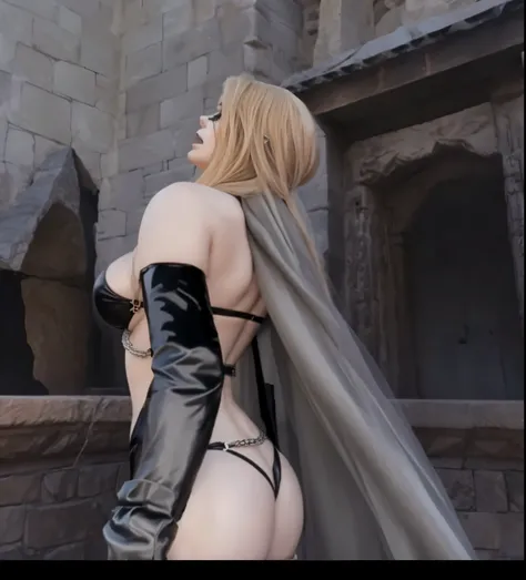 Alafid woman in costume standing in front of stone structure, contour，女魅魔vampire, vampire, Looked up，busty witch, 性感迷人的女vampire, black bikini。Black leather cuffs，Heavy makeup，big breasts。intense expression。Metal sexy waist chain