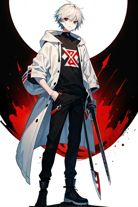 Lofi boy picture prompt:
1.65 meter tall boy, casually standing in the image, dressed in baggy black pants with a distinctive white x symbol, paired with a worn-out black t-shirt. A white coat drapes over his shoulders, revealing the hoodie underneath, whi...