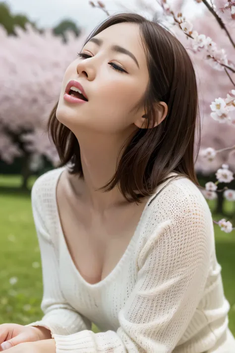 (((best image quality、highest quality、At 32K、ticker、RAW photo、very clear image、very clear image quality、realistic))),Scenery of falling cherry blossoms,Beautiful 20s shoulder length sweater,lace pantyhose, Up and down, random color,long sweater,climax、clim...
