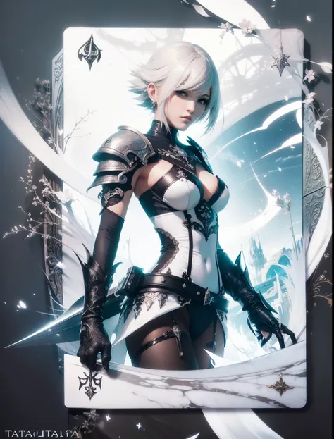 Beauty girl as 2B (White card game Final Fantasy aesthetic style) in ornad elegant tatical fantasy suit, masterpiece, (best quality), (ultra-detailed), gothic_artstyle, Vibrant, sharp focus