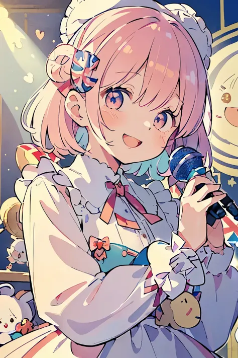(Little:1.15),girl,blush,(Swirly hair:1.35),(Fluffy shorthair:1.2),(coin-shaped hair ornament:1.3),(big smile:1.35),(heart-like eyes:1.3),(smile with open mouth:1.35),(Fairy tale atmosphere with lots of stuffed animals and sweets:1.25),(Cute clothes with a...