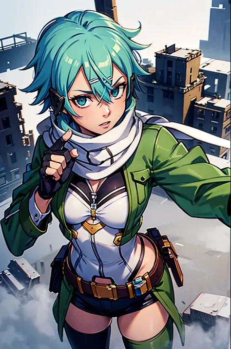 (masterpiece), best quality, expressive eyes, perfect face, highres, sinon1, scarf, fingerless gloves, long sleeves, short short...