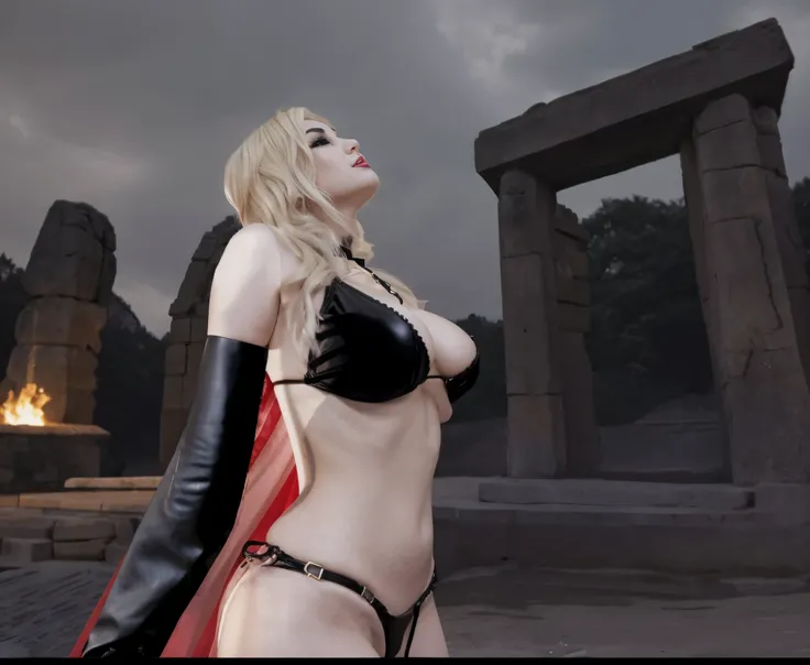 Alafid woman in costume standing in front of stone structure, profile，女魅魔vampire, vampire, Head up，busty witch, 性感迷人的女vampire, black bikini。Black leather cuffs，Heavy makeup，big breasts。intense expression。Metal sexy waist chain