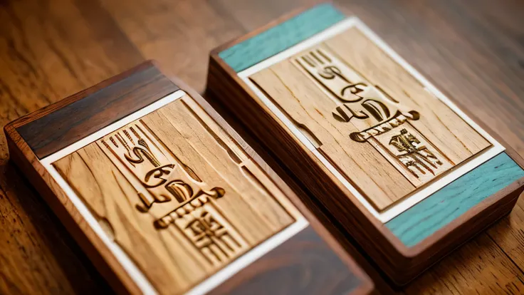 A woodworker crafting business card,woodcut print,engraving,skilled craftsman,wood grain texture,meticulous details,hand-carved aesthetic,high-quality craftsmanship,wood shaving particles,fine woodworking tools,precision cut design,unique and elegant,organ...