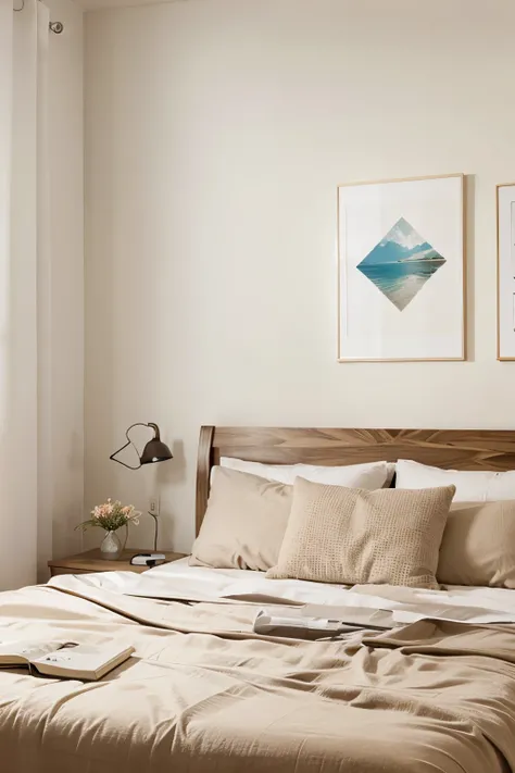 Bed room mockup for wall art, realistic, bright.