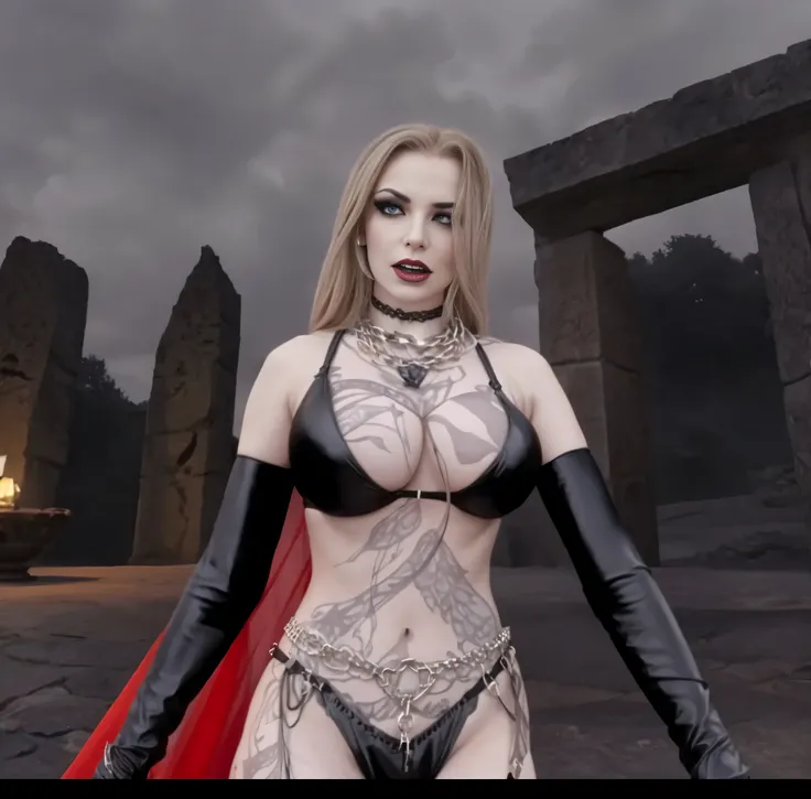 Alafid woman in costume standing in front of stone structure, 女魅魔vampire, vampire, Looked up，busty witch, 性感迷人的女vampire, black bikini。Black leather cuffs，Heavy makeup，big breasts。An arrogant expression。Metal sexy waist chain