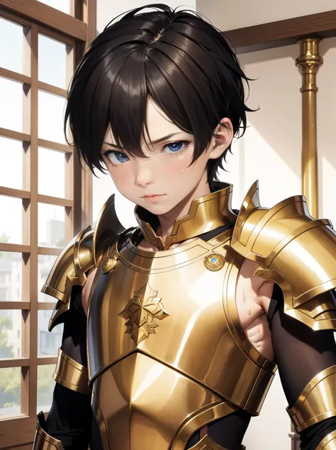 Highres, Masterpiece, Best quality at best,Best Quality,hight quality, hight detailed, 1boy, Shota, Gold armor, sleeveless armor, Body only, (young boy), 12-year-old boys, Bare shoulder, hansome, Sweat