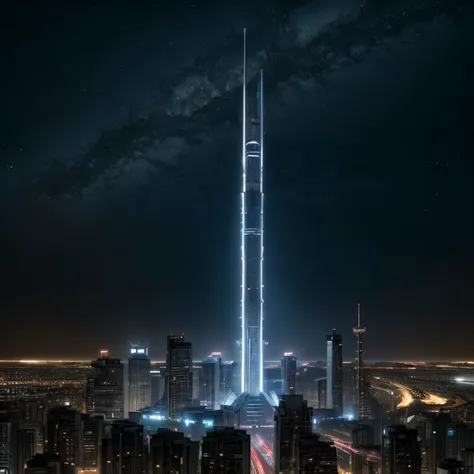 (((8k, RAW Photo, Best Quality, Masterpiece: 1.4))), Ultra High Resolution, Ultra Detailed, Illustration, Close Up, Environment Only, Futuristic City, Technological, Sci Fi Millitary Tower, Night, Starry Sky, Future, Imagination, Outdoors