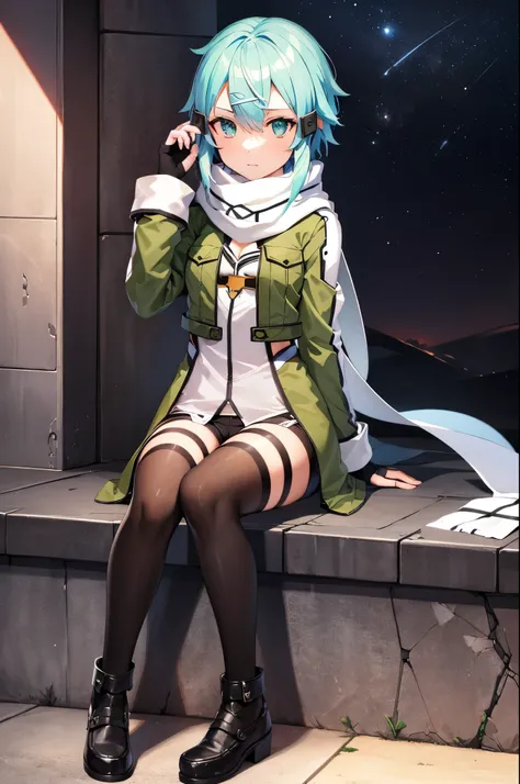 (masterpiece), best quality, expressive eyes, perfect face, highres, 1 girl, solo, sinon1, scarf, fingerless gloves, long sleeves, short shorts, hair ornament, hairclip, green thighhighs, green jacket, thigh strap, ruins background, ruined structures, knee...