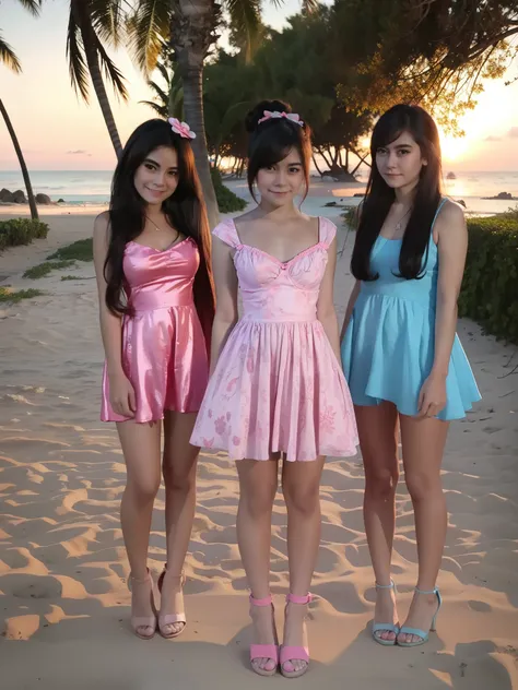 4 female, wearing pink blue aqua and red tight mini house dress, and wearing lingerie ,big boobs, standing at the beach square, ...