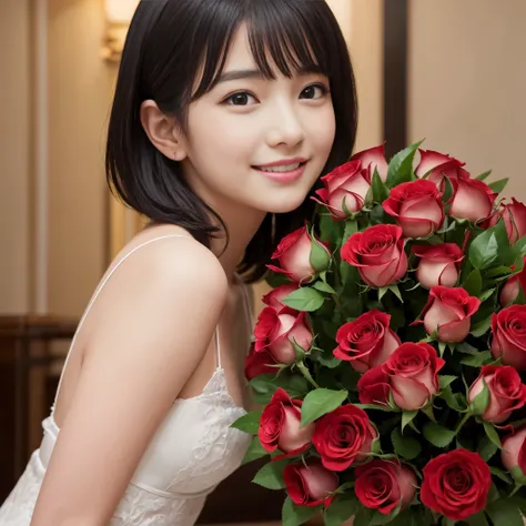 Best-quality, Masterpiece, Ultra-High-Resolution, (Photorealistic:1.4), Raw-Photo, 1girl, 15-years-old, the most famous Japanese idol, portrait, at luxury-hotel-suite, carrying a large bouquet of roses, extremely cute face like a most popular Japanese idol...