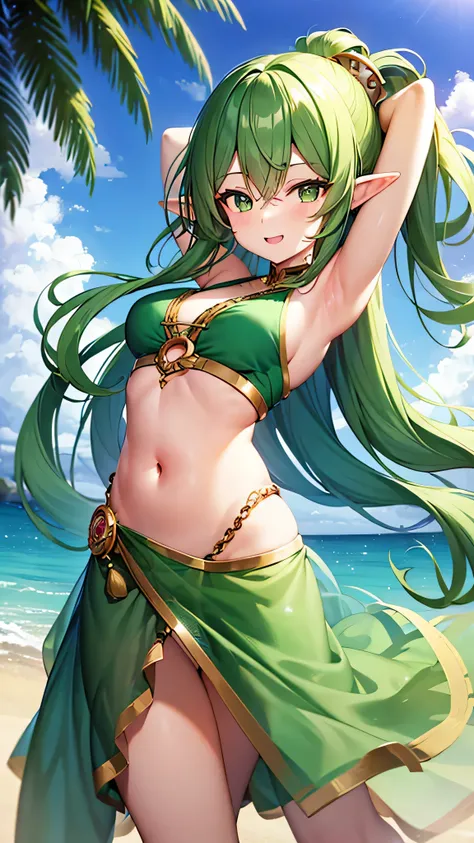 girl, green hair, long hair, happy expression, best quality, belly dancer out fit, elf girl, navel showing, armpit showing, beach side setting, arms behind head