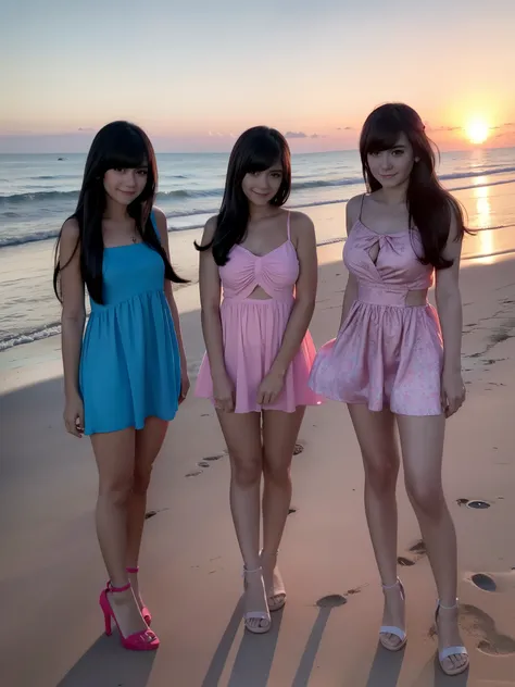 4 female, wearing pink blue aqua and red tight mini tighten dress ,big boobs, Standing At the beach square,  sunset, full body, with female friend, bangs long hair, heels, little smile, stylish each other 