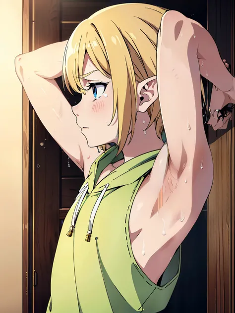 Highres, Masterpiece, Best quality at best,Best Quality,hight quality, hight detailed, 1boy, Shota, Elf ear, sleeveless hoodie, Seen from the side, Tears, (young boy), 12-year-old boys, (Showing armpit:1.3), hansome, Sweat