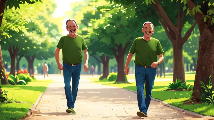 full length portrait of 50 year old man in a park, man in green shirt, man in jeans, full body, man smiling happily, corpo inteiro, retrato de corpo inteiro