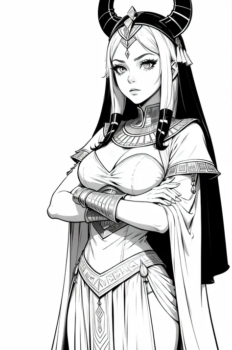 pharaoh girl, crossed arms, white hair, white objects, white ancient egypt outfit, simple white background, lineart, black and w...