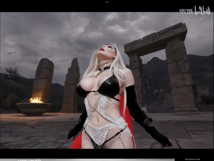 Alafid woman in costume standing in front of stone structure, Looked up，Expose the neck，女魅魔vampire, vampire, busty witch, 性感迷人的女vampire, black bikini。Black leather cuffs，Heavy makeup，big breasts。intense expression。Metal sexy waist chain，open arms