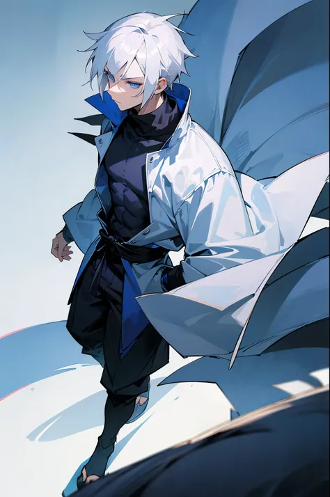 Ninja Clothing , Dark Blue Turtleneck , White Hair, Adult Male , Lean Build , Blue eyes , Spikey Hair , White Hair , Village Background , Walking on path , Somber expression, Prime Age
