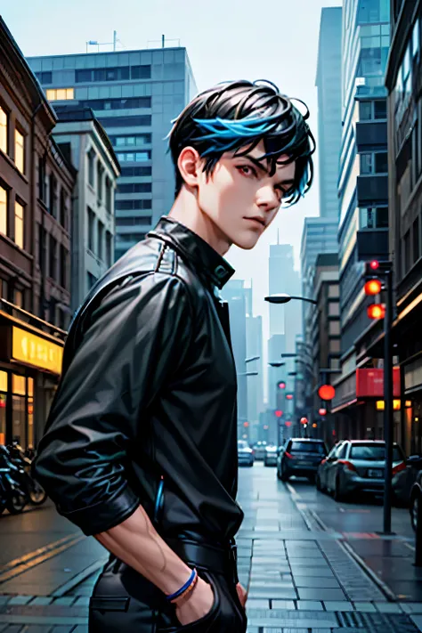 A 24-year-old man standing with casual clothes, (((black clothes))), skinny, twink ((((black hair with blue tips:1.0)))), ramona flowers hair, red eyes, serious expression, city background, DSRL, facing the viewer of the photo, eyes staring into the lens, ...