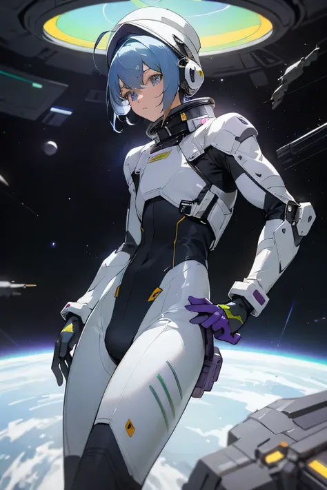 Space Clothing, Purple Green, and white color palette for outfits, Any features you want physically, Bodysuit , Armored Clothing, male, Blue Hair, Commander Hat, Inside Space Ship background, gun