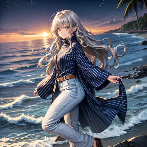 A 14 year old Japanese slender lady, silver ((loose curly hair))smooth curly hair , wearing a long sleeved blue shirt ((high neck, vertical stripes))and a cardigan , white damaged jeans, looks really calming and beautiful and cool, at a beach in midnight, ...